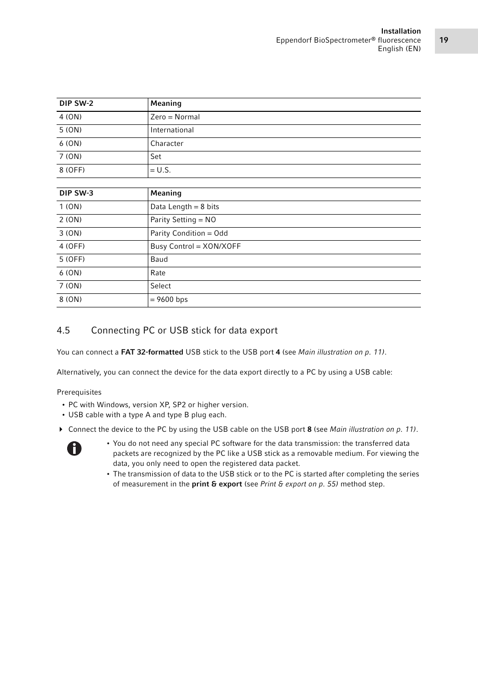 5 connecting pc or usb stick for data export, Connecting pc or usb stick for data export | Eppendorf BioSpectrometer fluorescence User Manual | Page 19 / 102
