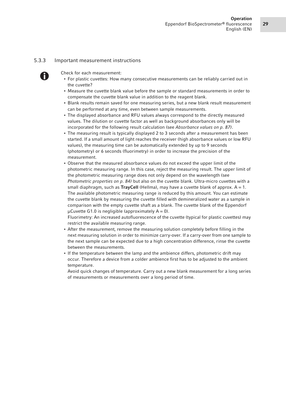 3 important measurement instructions, Important measurement instructions | Eppendorf BioSpectrometer fluorescence User Manual | Page 29 / 102