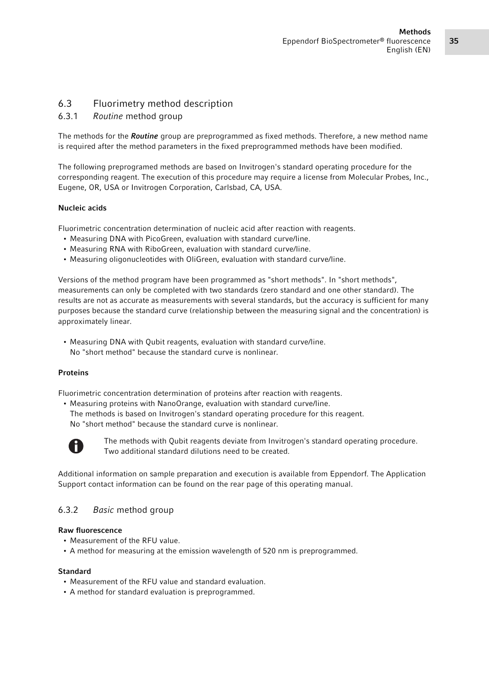 3 fluorimetry method description, 1 routine method group, 2 basic method group | Fluorimetry method description 6.3.1, Routine method group, Basic method group | Eppendorf BioSpectrometer fluorescence User Manual | Page 35 / 102
