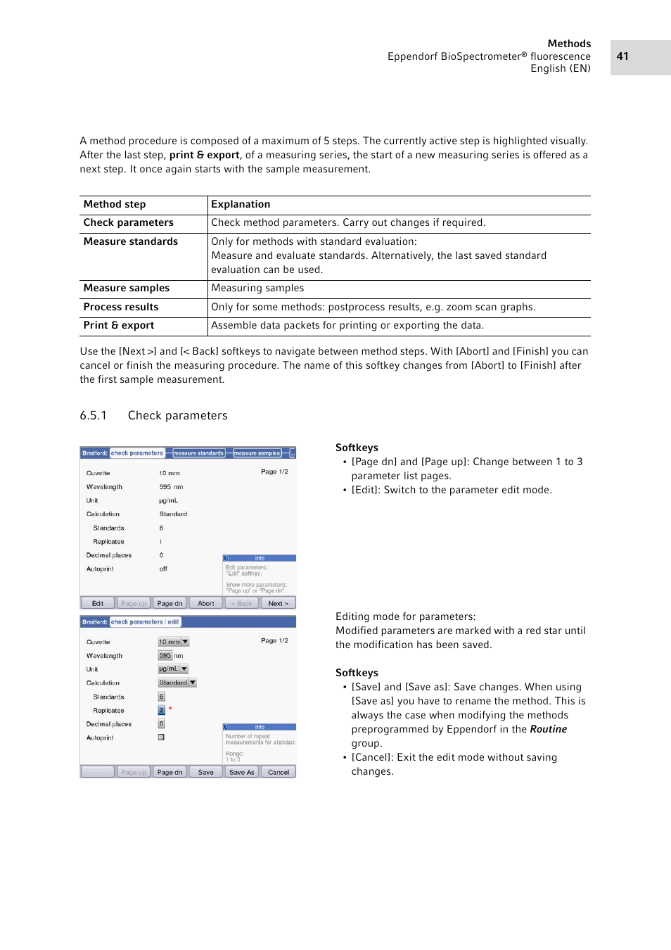 1 check parameters, Check parameters | Eppendorf BioSpectrometer fluorescence User Manual | Page 41 / 102