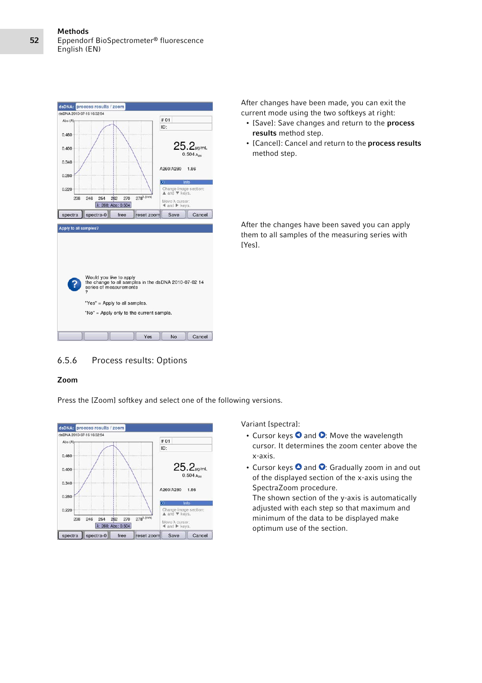 6 process results: options, Process results: options | Eppendorf BioSpectrometer fluorescence User Manual | Page 52 / 102