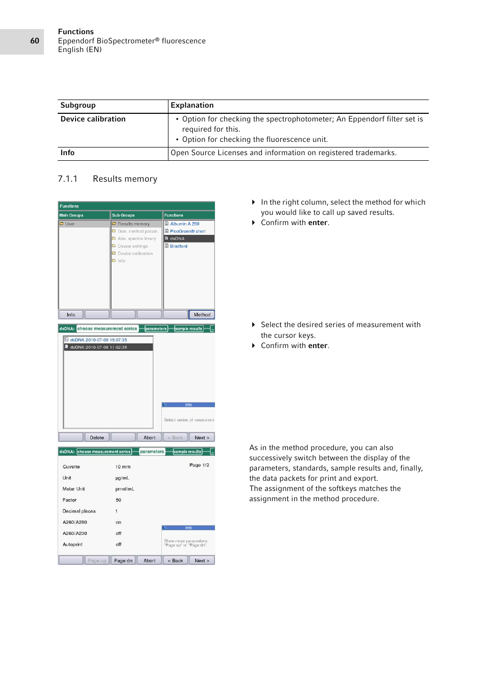 1 results memory, Results memory | Eppendorf BioSpectrometer fluorescence User Manual | Page 60 / 102