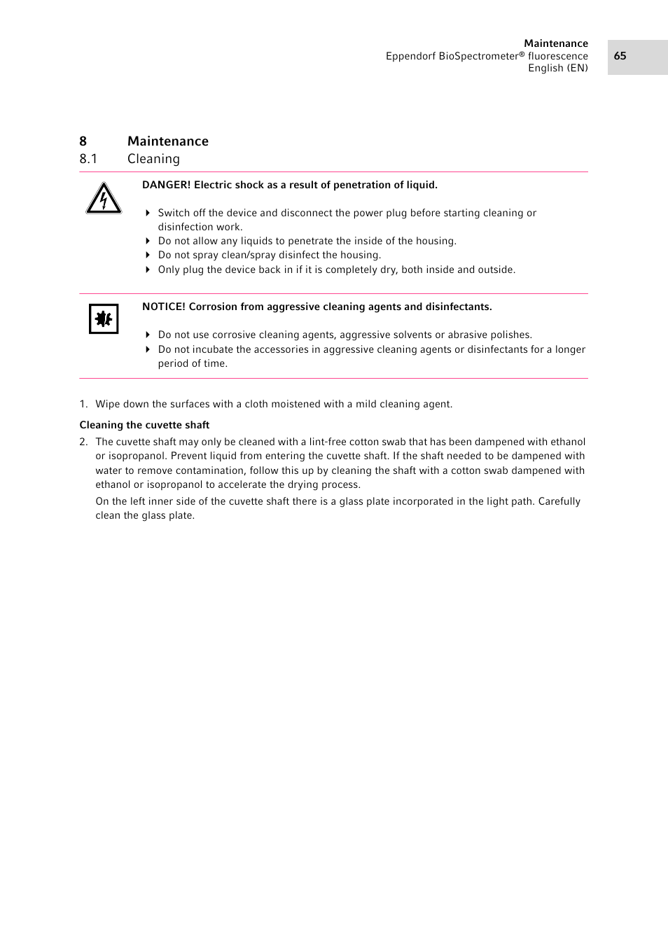 8 maintenance, 1 cleaning, Maintenance 8.1 | Cleaning, 8maintenance 8.1 cleaning | Eppendorf BioSpectrometer fluorescence User Manual | Page 65 / 102