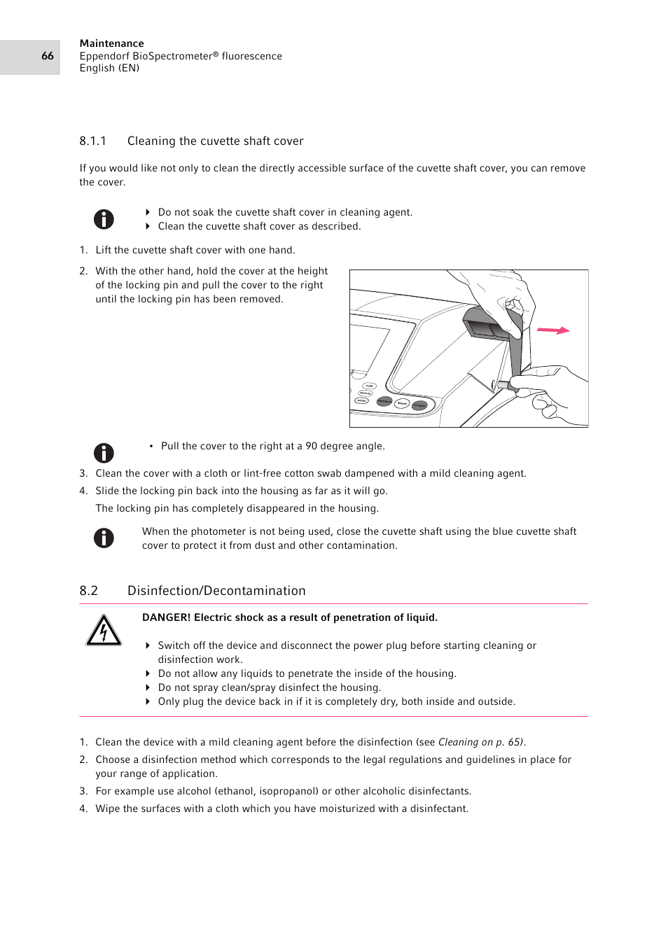 1 cleaning the cuvette shaft cover, 2 disinfection/decontamination, Cleaning the cuvette shaft cover | Disinfection/decontamination | Eppendorf BioSpectrometer fluorescence User Manual | Page 66 / 102