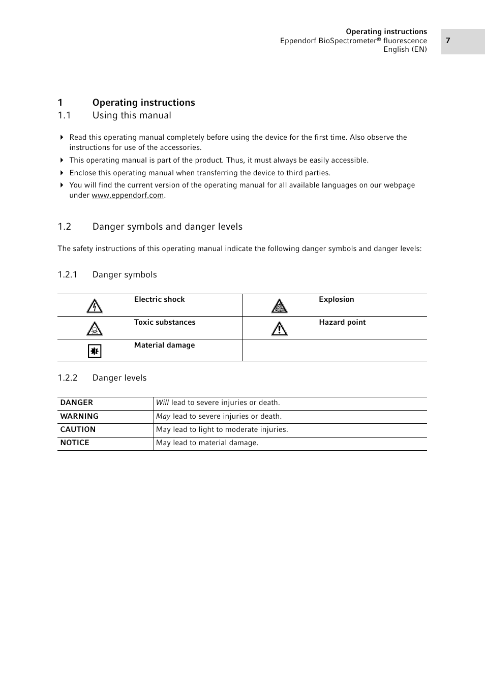 1 operating instructions, 1 using this manual, 2 danger symbols and danger levels | 1 danger symbols, 2 danger levels, Operating instructions 1.1, Using this manual, Danger symbols and danger levels 1.2.1, Danger symbols, Danger levels | Eppendorf BioSpectrometer fluorescence User Manual | Page 7 / 102