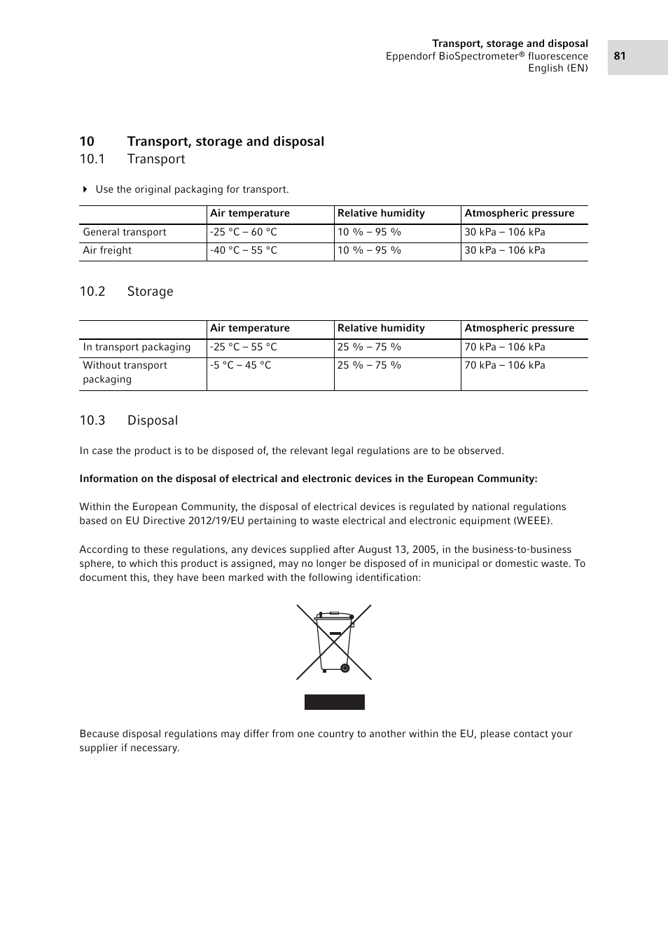 10 transport, storage and disposal, 1 transport, 2 storage | 3 disposal, Transport, Storage, Disposal | Eppendorf BioSpectrometer fluorescence User Manual | Page 81 / 102