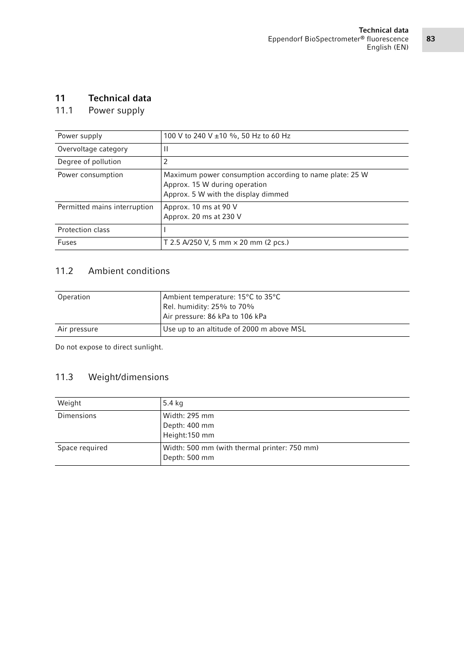 11 technical data, 1 power supply, 2 ambient conditions | 3 weight/dimensions, Power supply, Ambient conditions, Weight/dimensions | Eppendorf BioSpectrometer fluorescence User Manual | Page 83 / 102