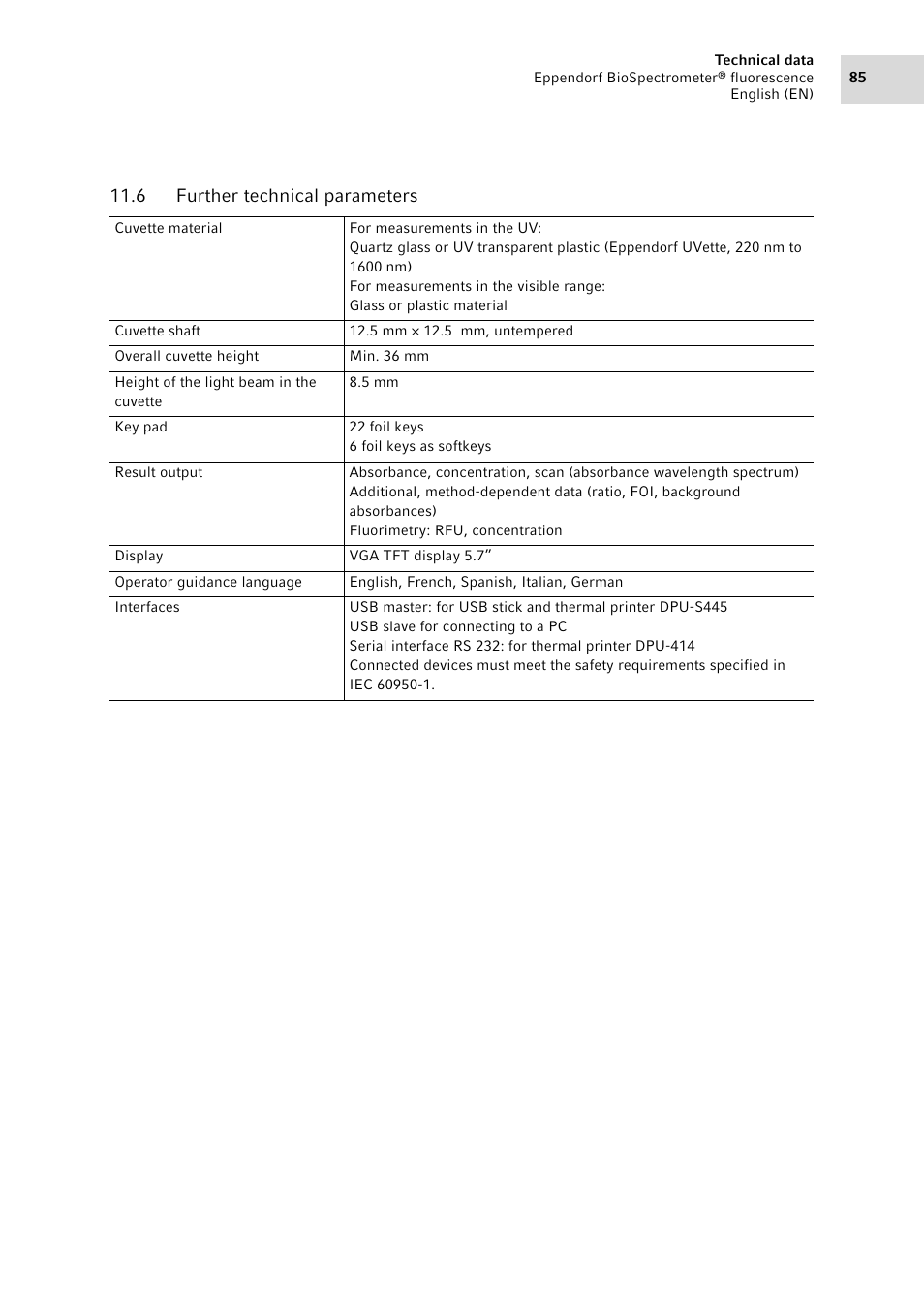 6 further technical parameters, Further technical parameters | Eppendorf BioSpectrometer fluorescence User Manual | Page 85 / 102