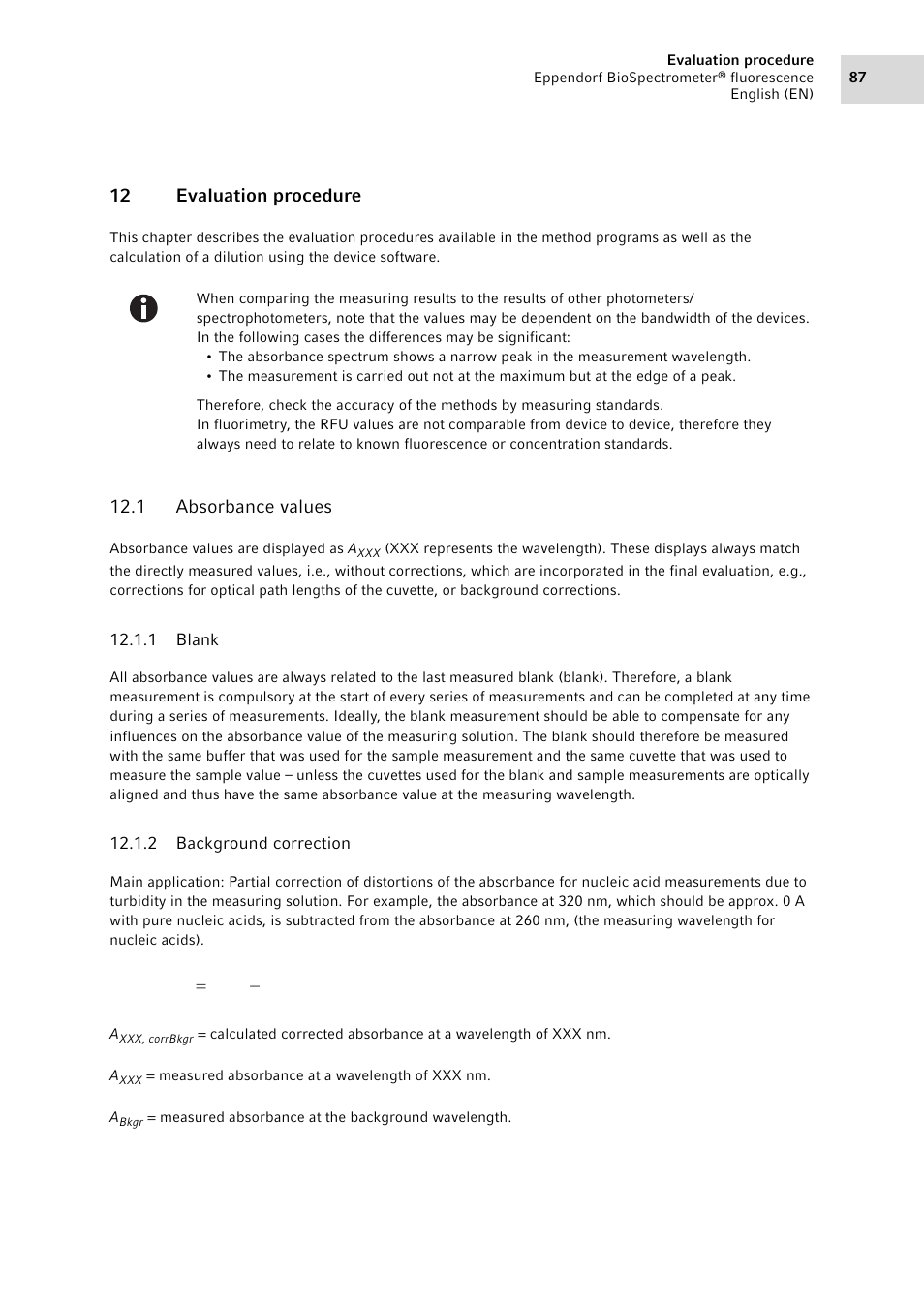 12 evaluation procedure, 1 absorbance values, 1 blank | 2 background correction, Absorbance values 12.1.1, Blank, Background correction | Eppendorf BioSpectrometer fluorescence User Manual | Page 87 / 102