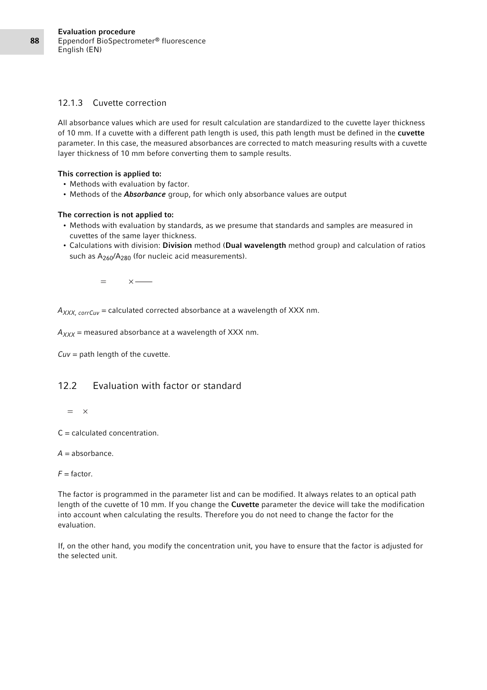 3 cuvette correction, 2 evaluation with factor or standard, Cuvette correction | Evaluation with factor or standard, Cuv a a, Uf a c u | Eppendorf BioSpectrometer fluorescence User Manual | Page 88 / 102