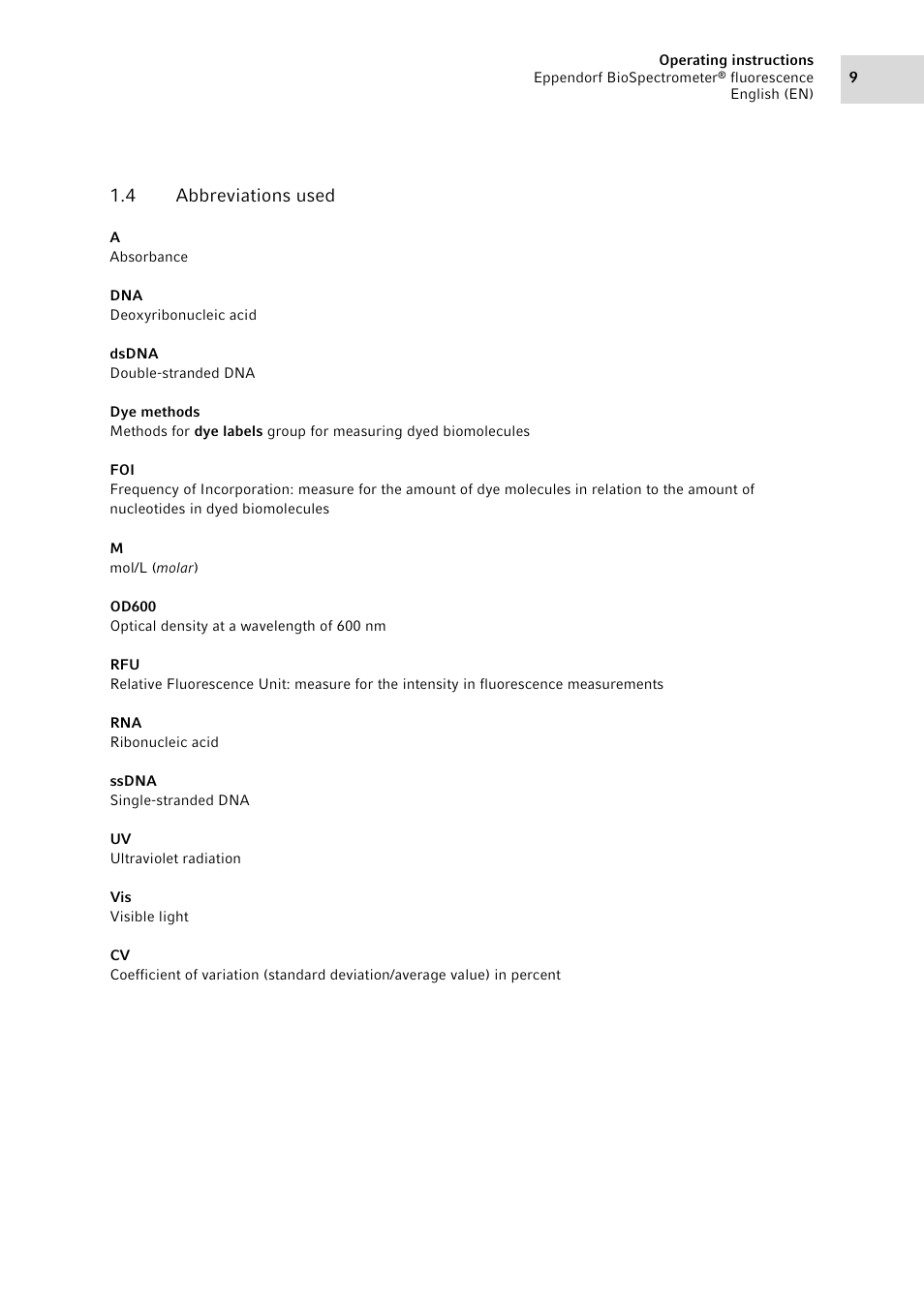 4 abbreviations used, Abbreviations used | Eppendorf BioSpectrometer fluorescence User Manual | Page 9 / 102