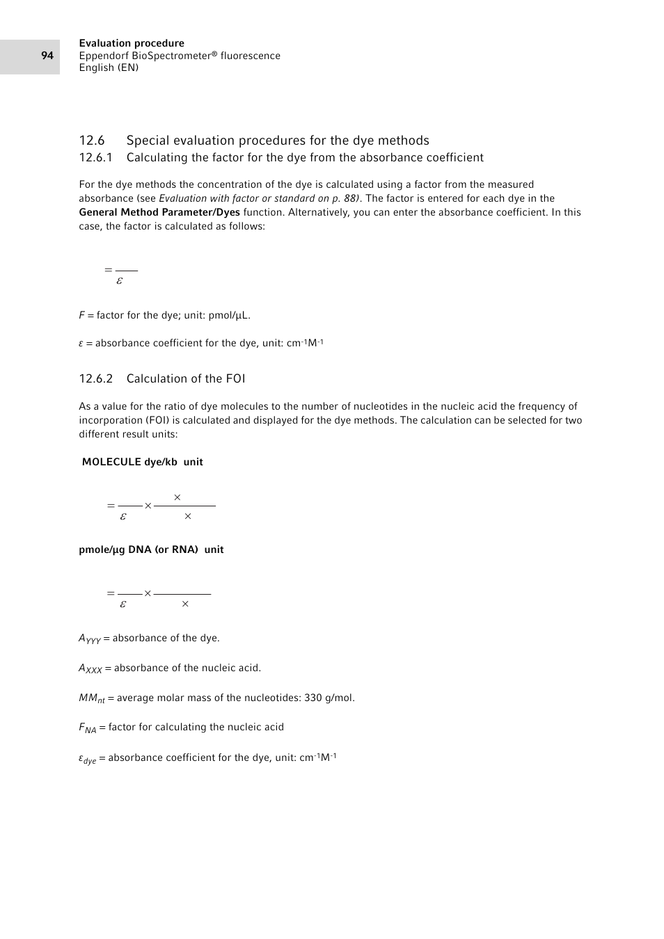 2 calculation of the foi, Calculation of the foi, Fa mm a foi u u u | Fa a foi u u | Eppendorf BioSpectrometer fluorescence User Manual | Page 94 / 102