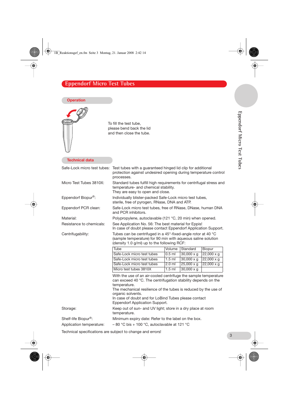 Operation, Technical data, Eppendorf micro test tubes | Eppendorf Micro Test Tubes User Manual | Page 3 / 5