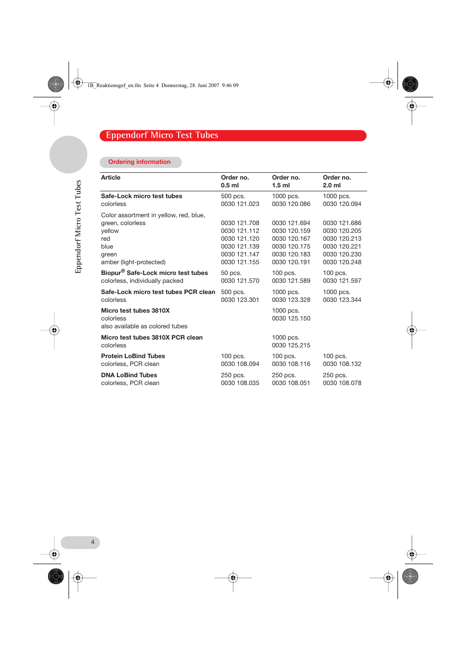 Ordering information, Eppendorf micro test tubes | Eppendorf Micro Test Tubes User Manual | Page 4 / 5