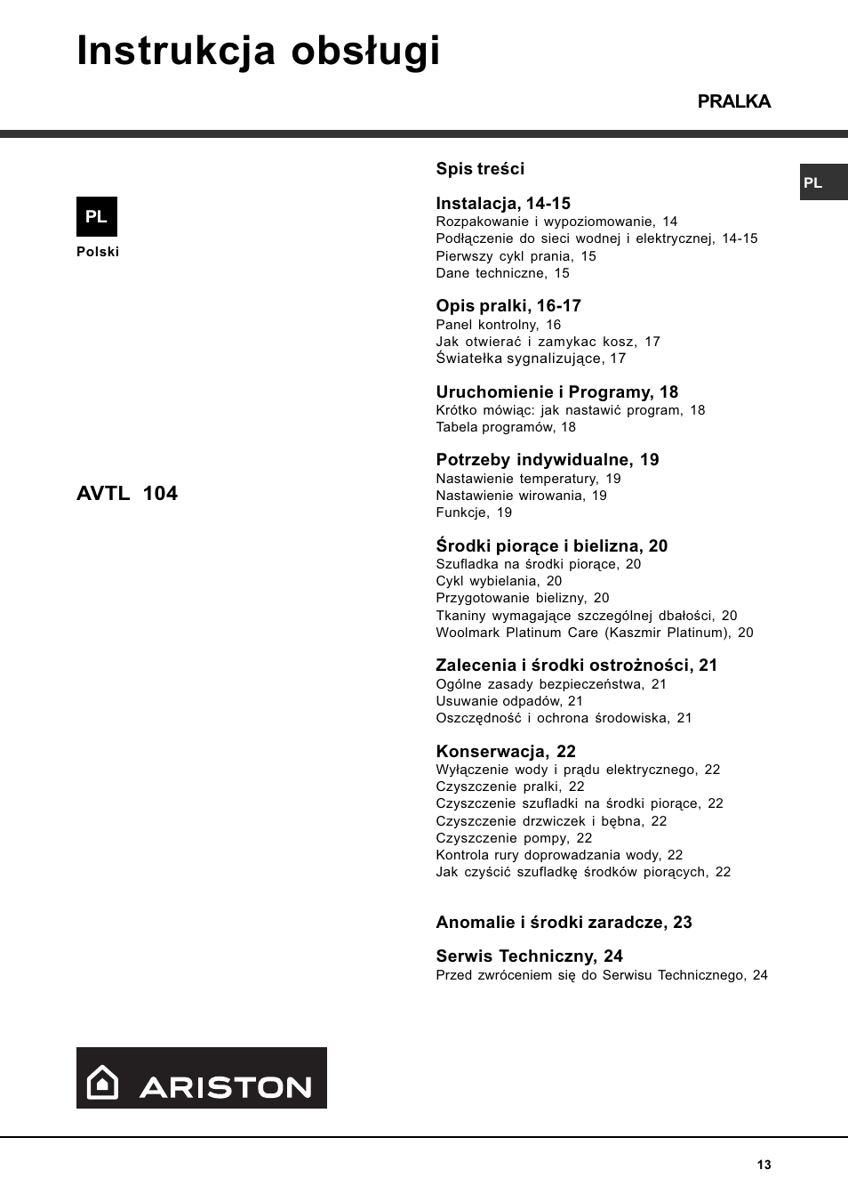 Instrukcja obs³ugi, Avtl 104 | Ariston WASHING MACHINE AVTL 104 User Manual | Page 13 / 72