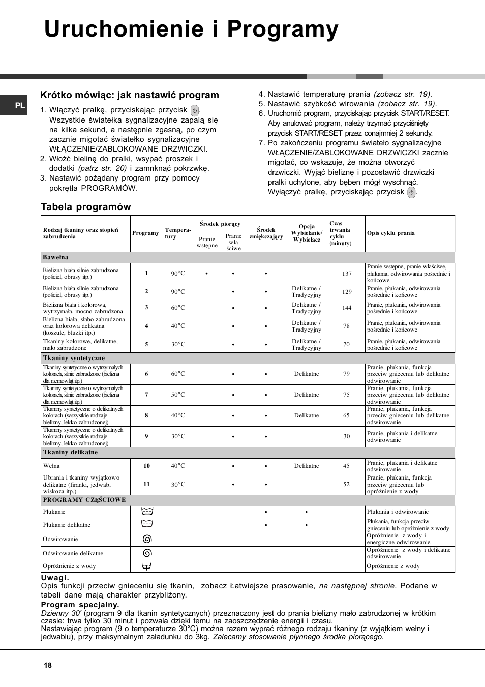 Uruchomienie i programy, Tabela programów, Krótko mówi¹c: jak nastawiæ program | Ariston WASHING MACHINE AVTL 104 User Manual | Page 18 / 72