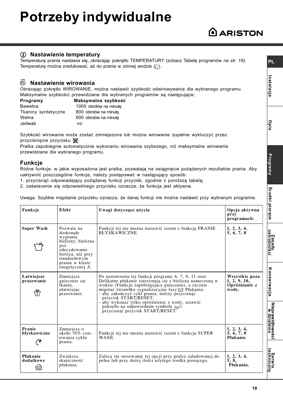 Potrzeby indywidualne, Nastawienie temperatury, Nastawienie wirowania | Funkcje | Ariston WASHING MACHINE AVTL 104 User Manual | Page 19 / 72