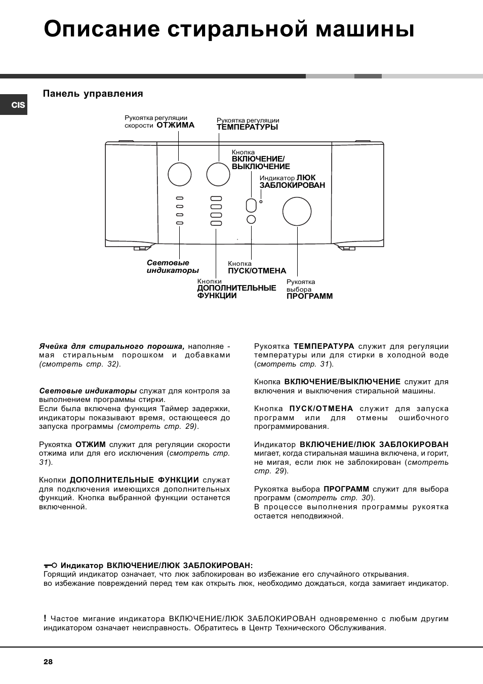 Описание стиральной машины, Панель управления | Ariston WASHING MACHINE AVTL 104 User Manual | Page 28 / 72