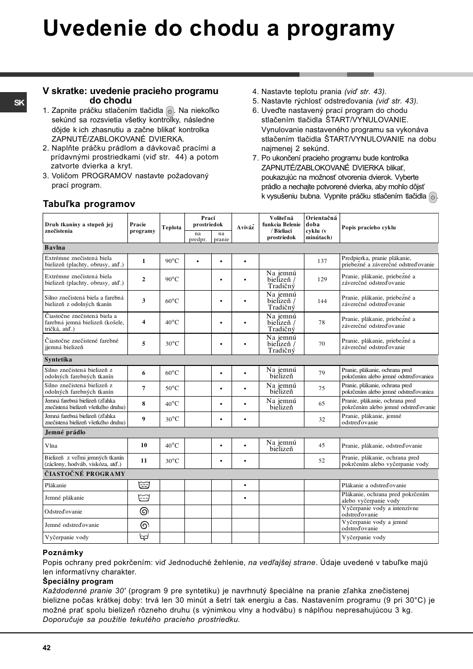 Uvedenie do chodu a programy, Tabu¾ka programov, V skratke: uvedenie pracieho programu do chodu | Ariston WASHING MACHINE AVTL 104 User Manual | Page 42 / 72