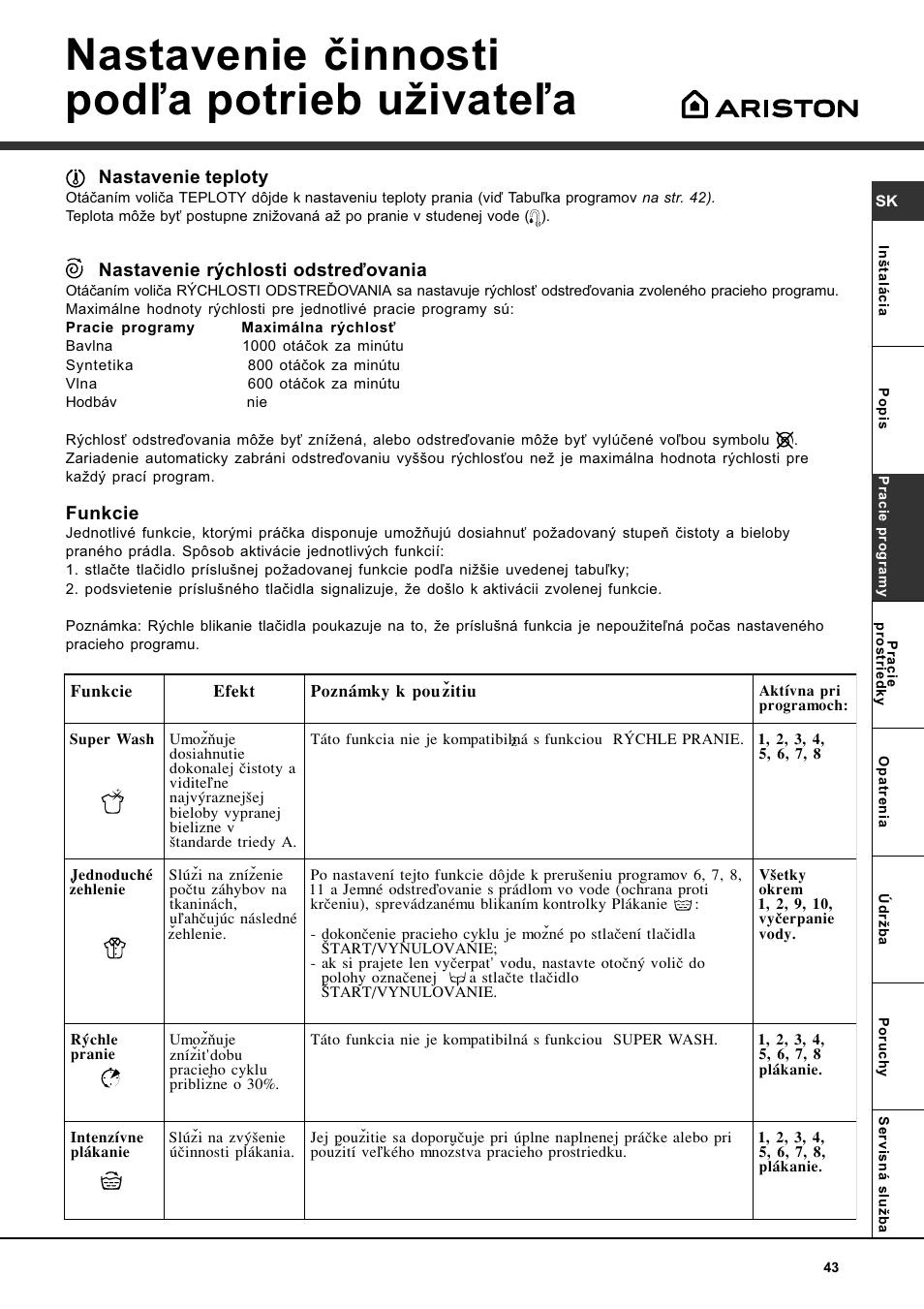 Nastavenie èinnosti pod¾a potrieb uivate¾a | Ariston WASHING MACHINE AVTL 104 User Manual | Page 43 / 72