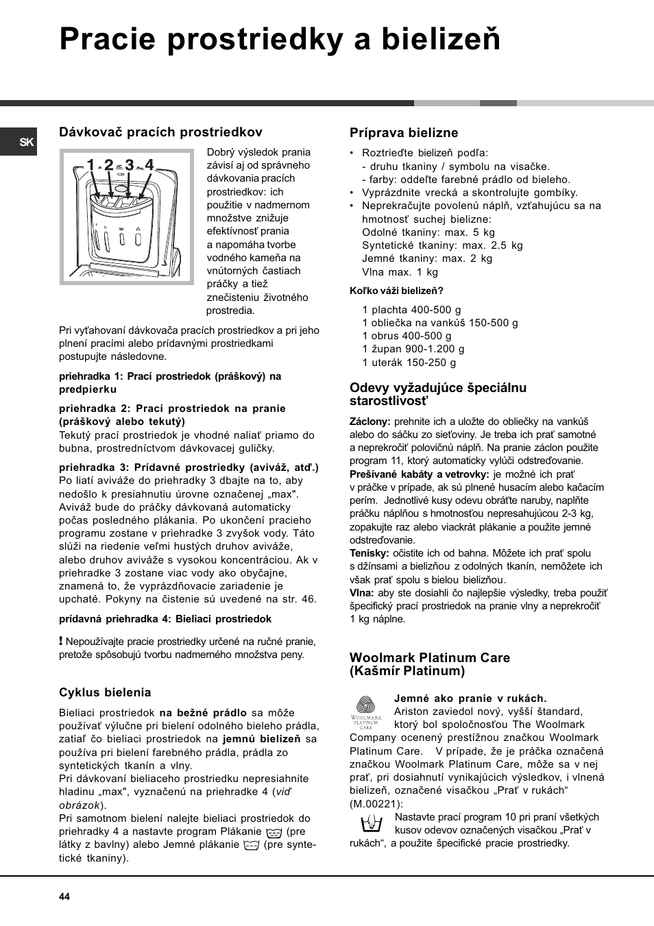 Pracie prostriedky a bielizeò | Ariston WASHING MACHINE AVTL 104 User Manual | Page 44 / 72