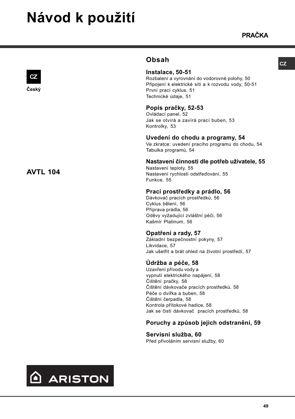 Ariston WASHING MACHINE AVTL 104 User Manual | Page 49 / 72