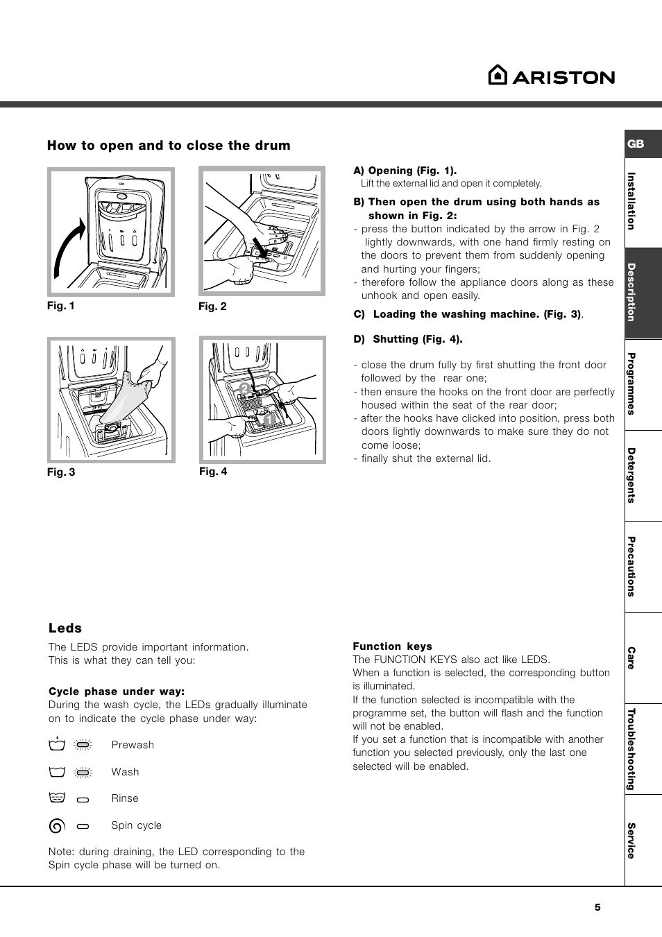 Leds, How to open and to close the drum | Ariston WASHING MACHINE AVTL 104 User Manual | Page 5 / 72