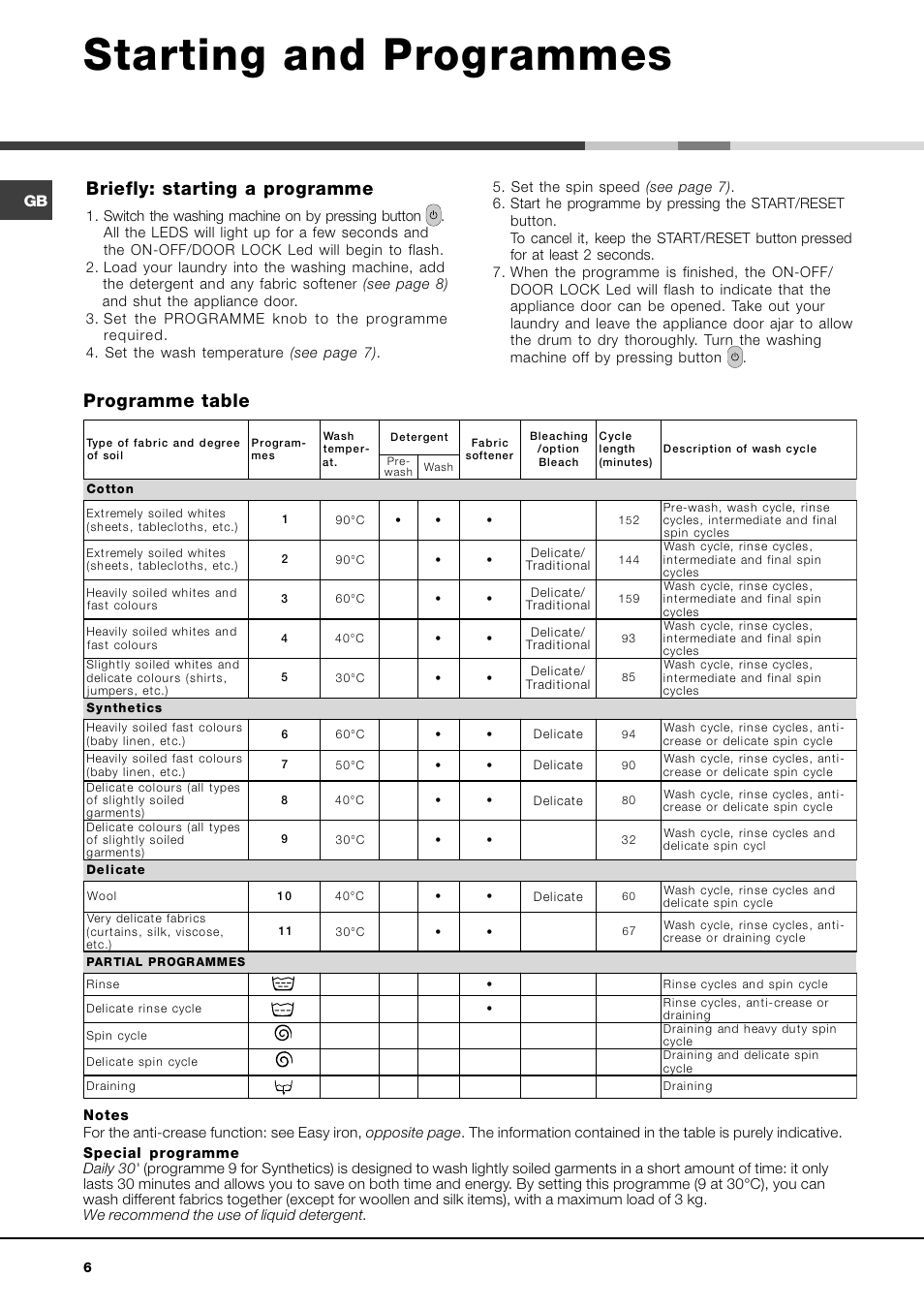 Starting and programmes, Briefly: starting a programme, Programme table | Ariston WASHING MACHINE AVTL 104 User Manual | Page 6 / 72