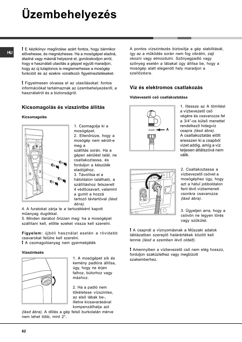 Üzembehelyezés | Ariston WASHING MACHINE AVTL 104 User Manual | Page 62 / 72