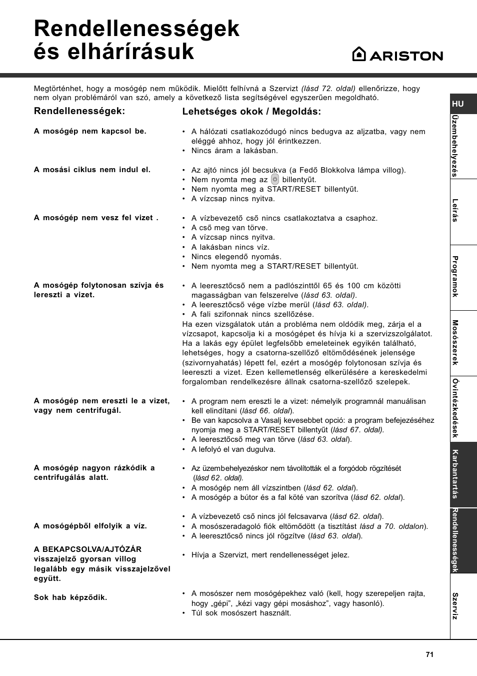 Rendellenességek és elhárírásuk | Ariston WASHING MACHINE AVTL 104 User Manual | Page 71 / 72