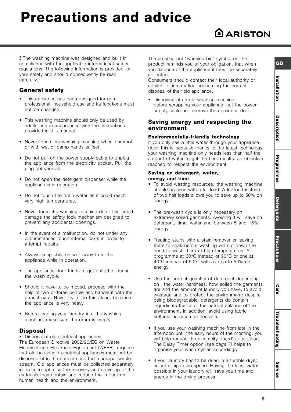 Precautions and advice, General safety, Disposal | Saving energy and respecting the environment | Ariston WASHING MACHINE AVTL 104 User Manual | Page 9 / 72