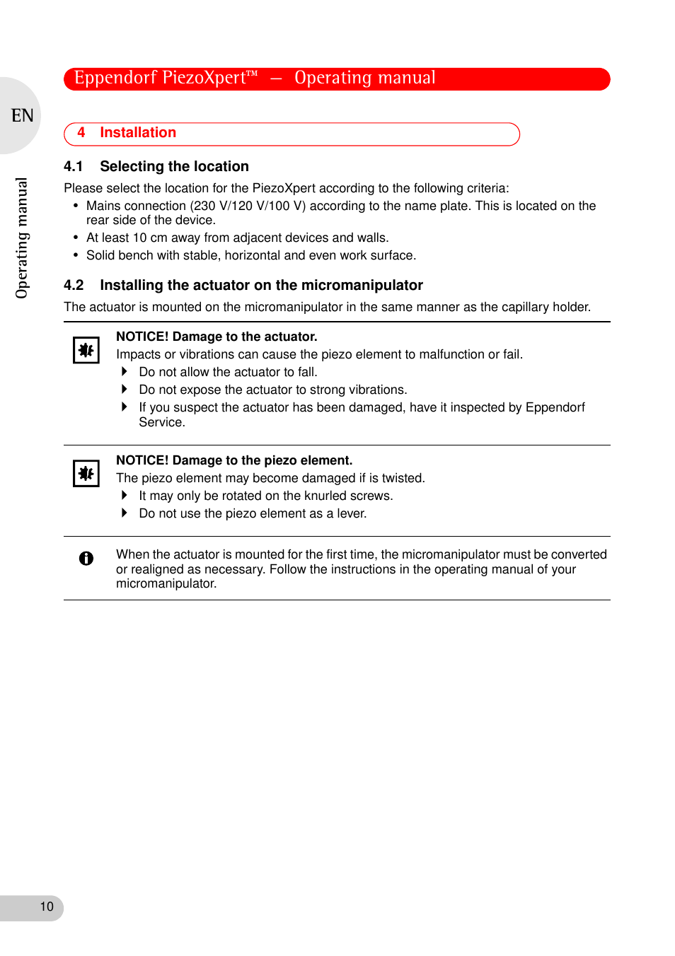 4 installation, 1 selecting the location, 2 installing the actuator on the micromanipulator | Eppendorf piezoxpert™ — operating manual, Operating manual | Eppendorf PiezoXpert User Manual | Page 10 / 34