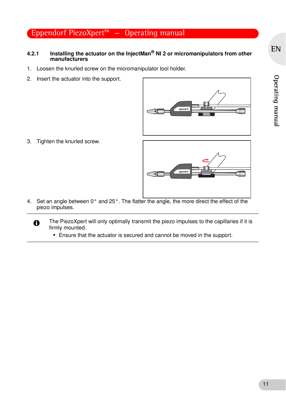 1 installing the actuator on the injectman, Ni 2 or micromanipulators from other, Manufacturers | Eppendorf piezoxpert™ — operating manual | Eppendorf PiezoXpert User Manual | Page 11 / 34