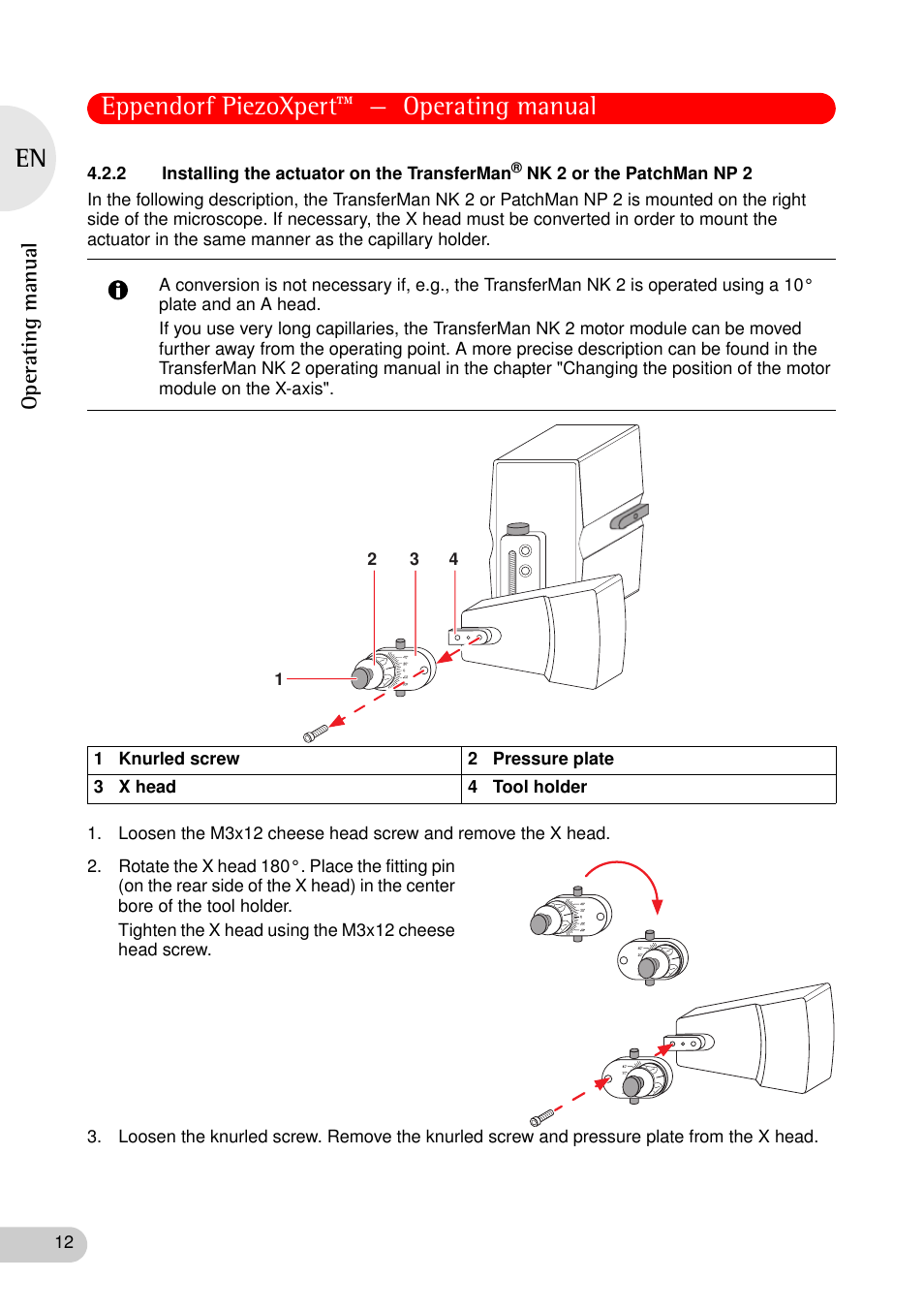 2 installing the actuator on the transferman, Nk 2 or the patchman np 2, Eppendorf piezoxpert™ — operating manual | Eppendorf PiezoXpert User Manual | Page 12 / 34