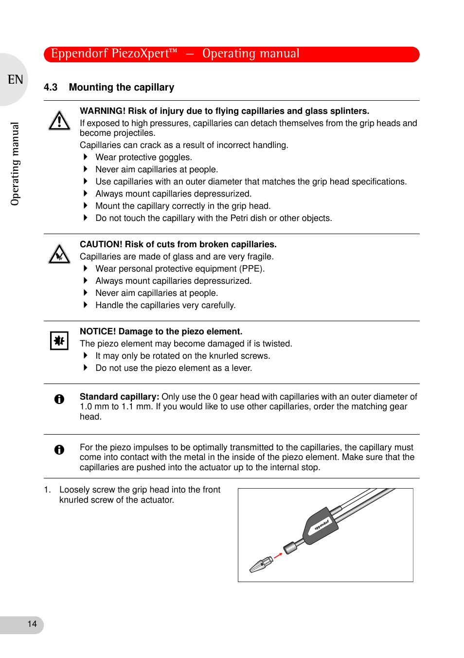 3 mounting the capillary, Eppendorf piezoxpert™ — operating manual, Operating manual | Eppendorf PiezoXpert User Manual | Page 14 / 34