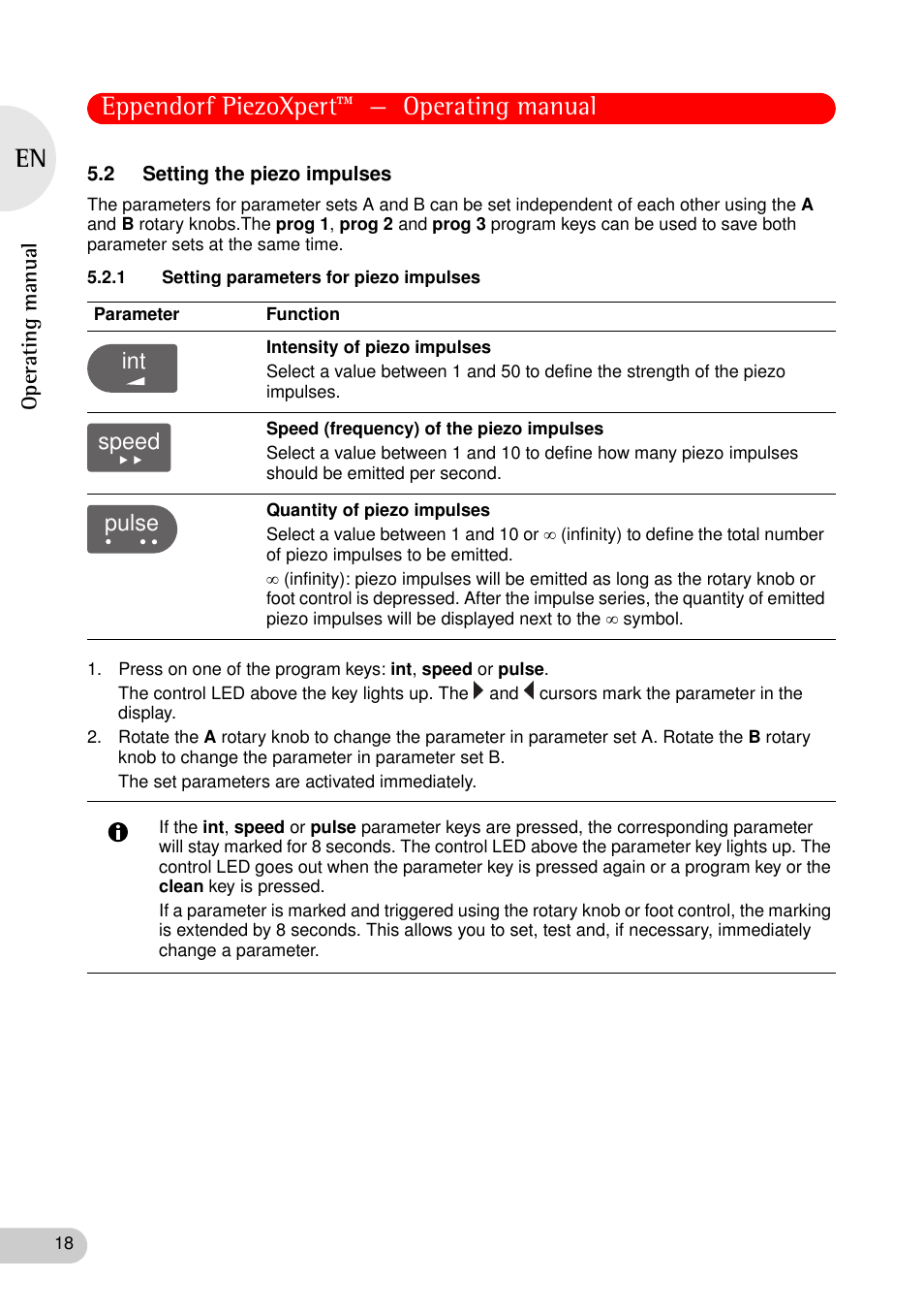 2 setting the piezo impulses, 1 setting parameters for piezo impulses, Eppendorf piezoxpert™ — operating manual | Int speed pulse | Eppendorf PiezoXpert User Manual | Page 18 / 34