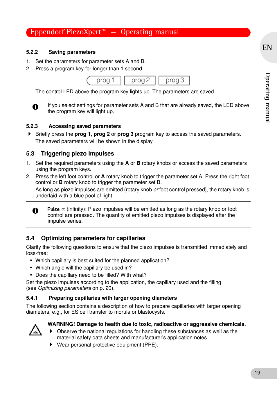 2 saving parameters, 3 accessing saved parameters, 3 triggering piezo impulses | 4 optimizing parameters for capillaries, Eppendorf piezoxpert™ — operating manual, Prog 1 prog 2 prog 3 | Eppendorf PiezoXpert User Manual | Page 19 / 34
