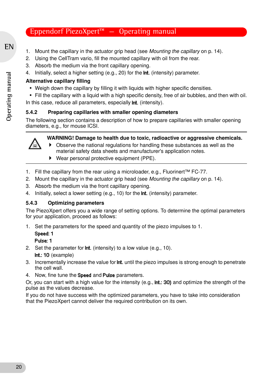 3 optimizing parameters, Eppendorf piezoxpert™ — operating manual | Eppendorf PiezoXpert User Manual | Page 20 / 34