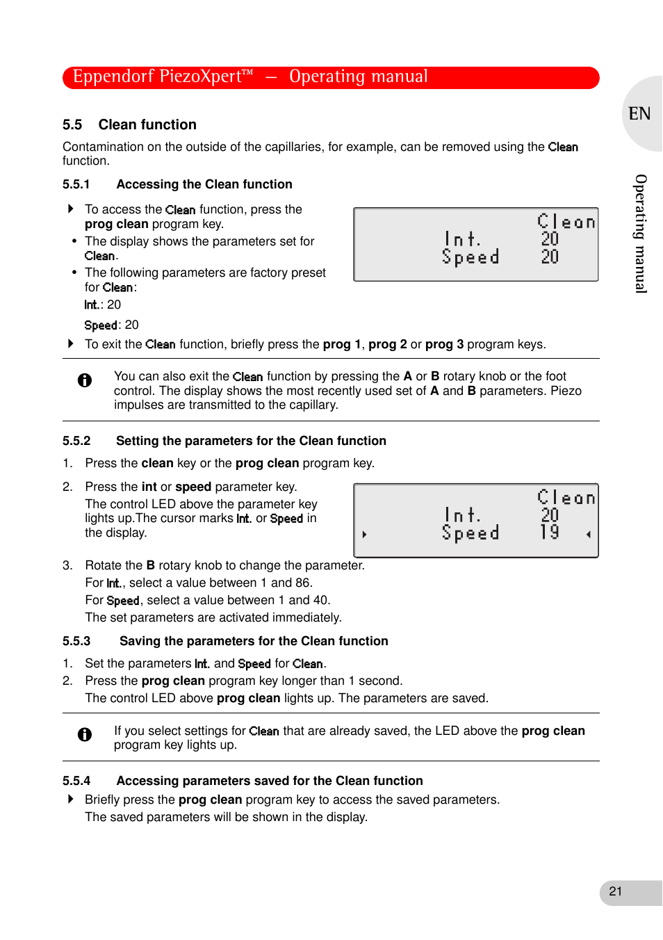5 clean function, 1 accessing the clean function, 2 setting the parameters for the clean function | 3 saving the parameters for the clean function, Eppendorf piezoxpert™ — operating manual | Eppendorf PiezoXpert User Manual | Page 21 / 34