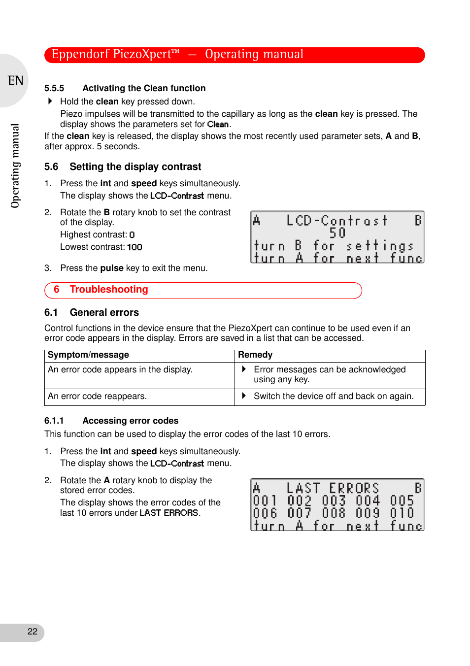 5 activating the clean function, 6 setting the display contrast, 6 troubleshooting | 1 general errors, 1 accessing error codes, Troubleshooting 6.1 general errors, Eppendorf piezoxpert™ — operating manual | Eppendorf PiezoXpert User Manual | Page 22 / 34