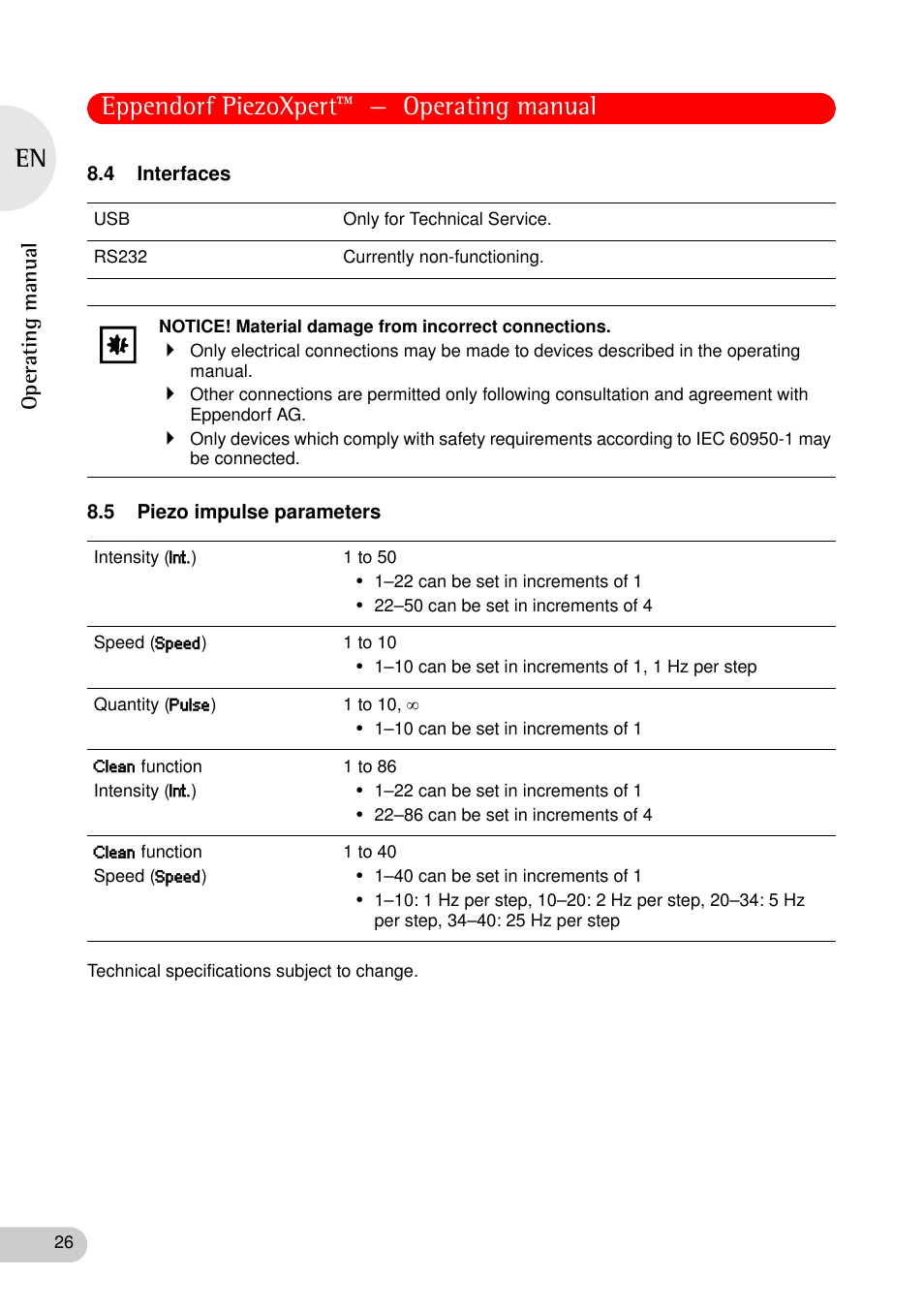 4 interfaces, 5 piezo impulse parameters, 4 interfaces 8.5 piezo impulse parameters | Eppendorf piezoxpert™ — operating manual | Eppendorf PiezoXpert User Manual | Page 26 / 34