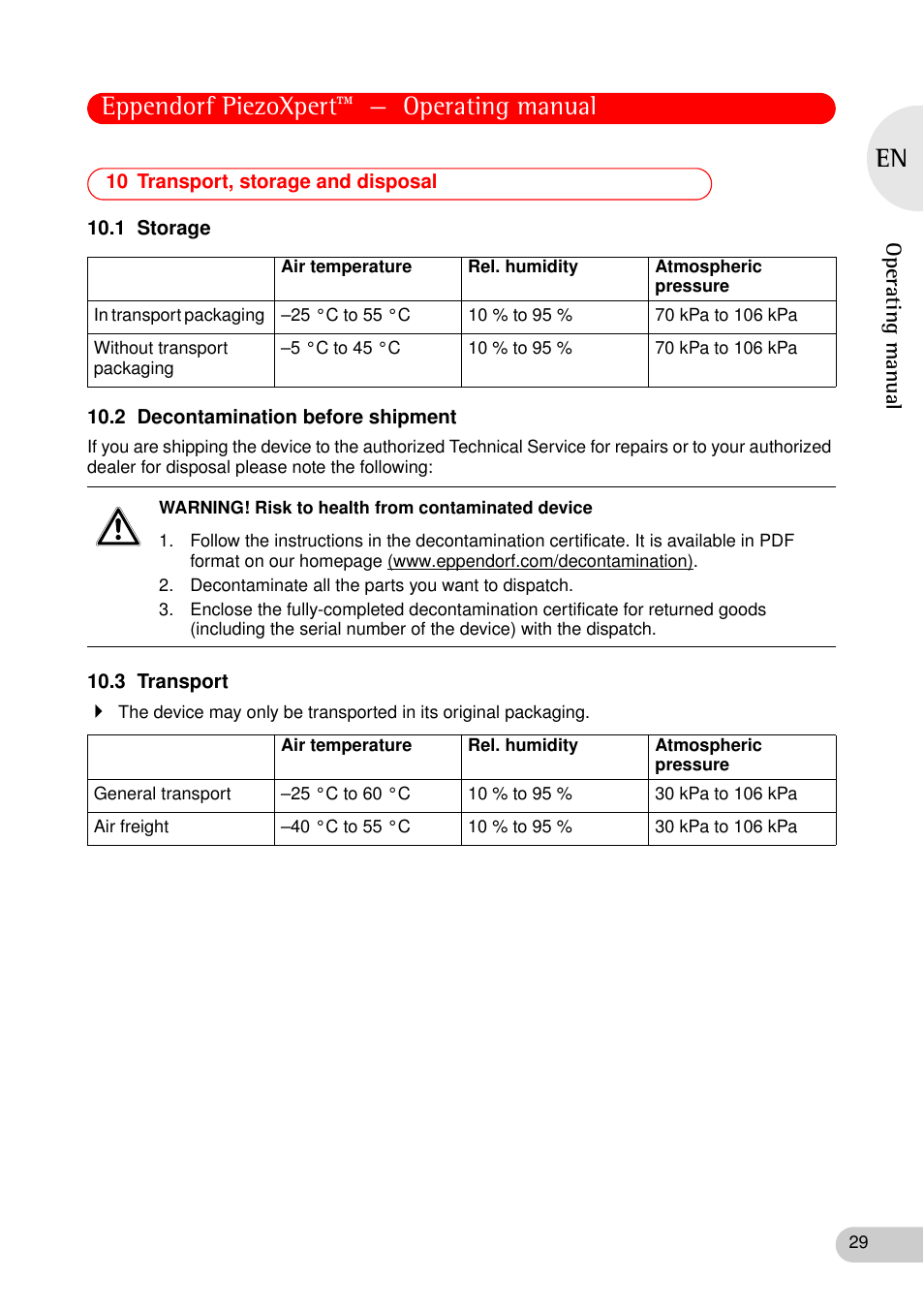 10 transport, storage and disposal, 1 storage, 2 decontamination before shipment | 3 transport, Eppendorf piezoxpert™ — operating manual, Operating manual | Eppendorf PiezoXpert User Manual | Page 29 / 34