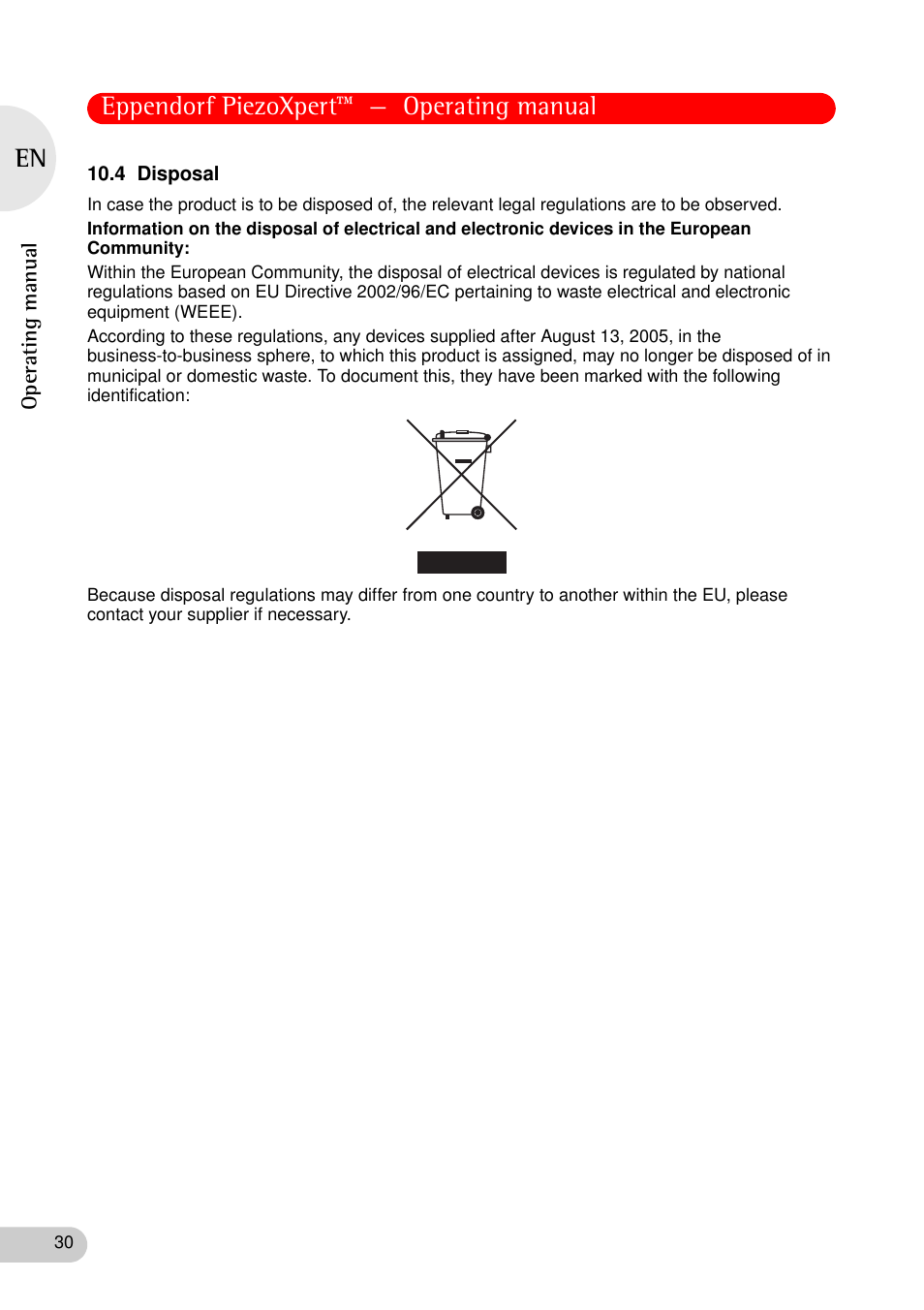 4 disposal, Eppendorf piezoxpert™ — operating manual | Eppendorf PiezoXpert User Manual | Page 30 / 34