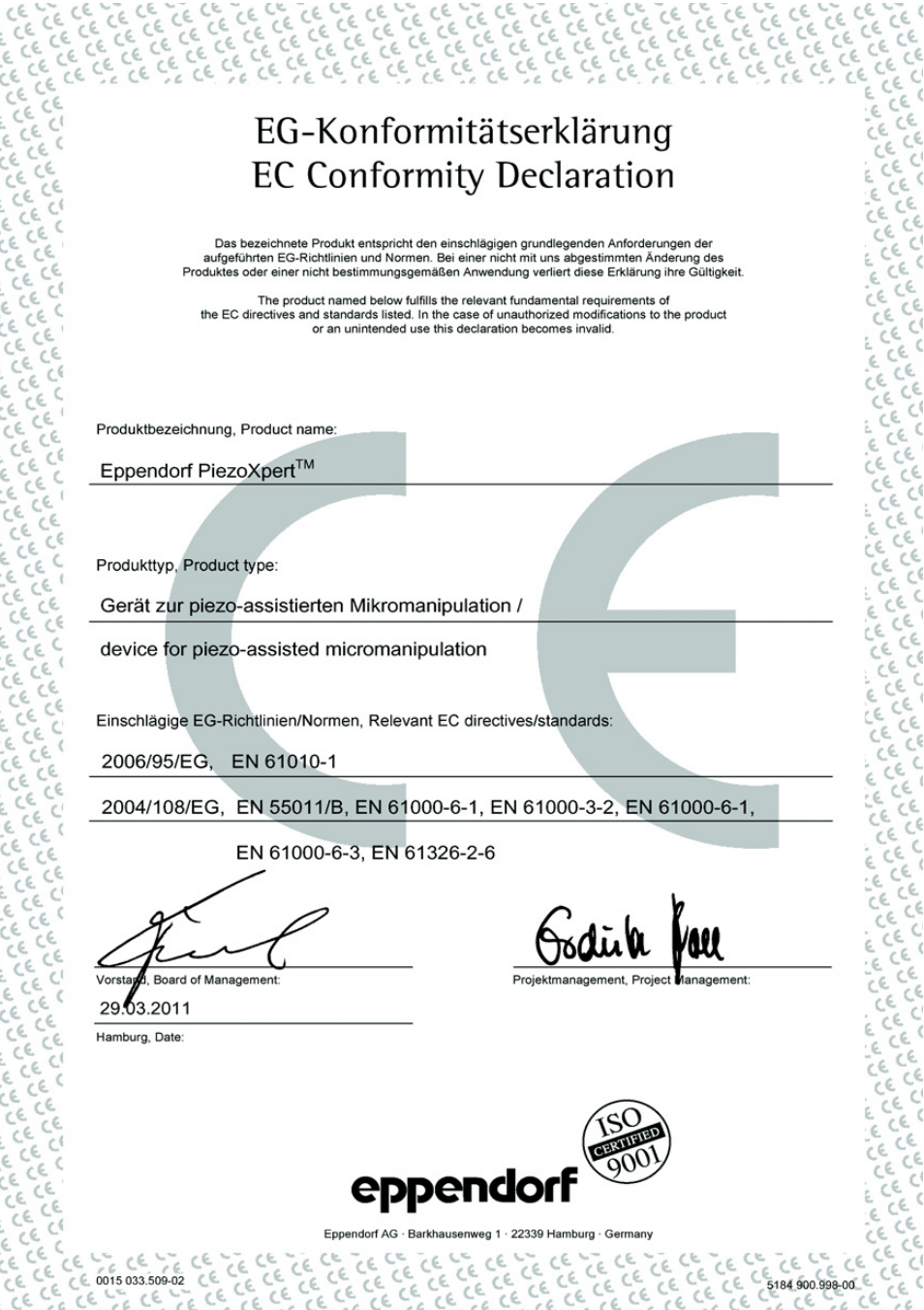 Ec conformity declaration | Eppendorf PiezoXpert User Manual | Page 32 / 34