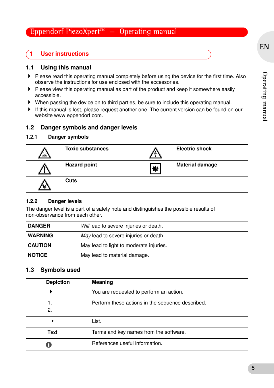 1 user instructions, 1 using this manual, 2 danger symbols and danger levels | 1 danger symbols, 2 danger levels, 3 symbols used, 1 danger symbols 1.2.2 danger levels, Eppendorf piezoxpert™ — operating manual | Eppendorf PiezoXpert User Manual | Page 5 / 34