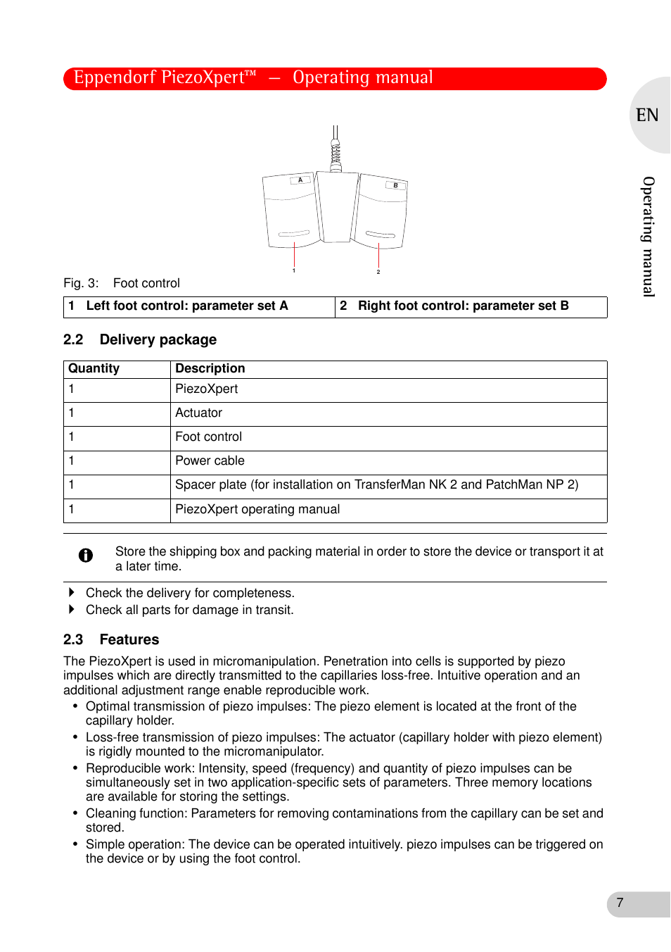 2 delivery package, 3 features, 2 delivery package 2.3 features | Eppendorf piezoxpert™ — operating manual, Operating manual | Eppendorf PiezoXpert User Manual | Page 7 / 34