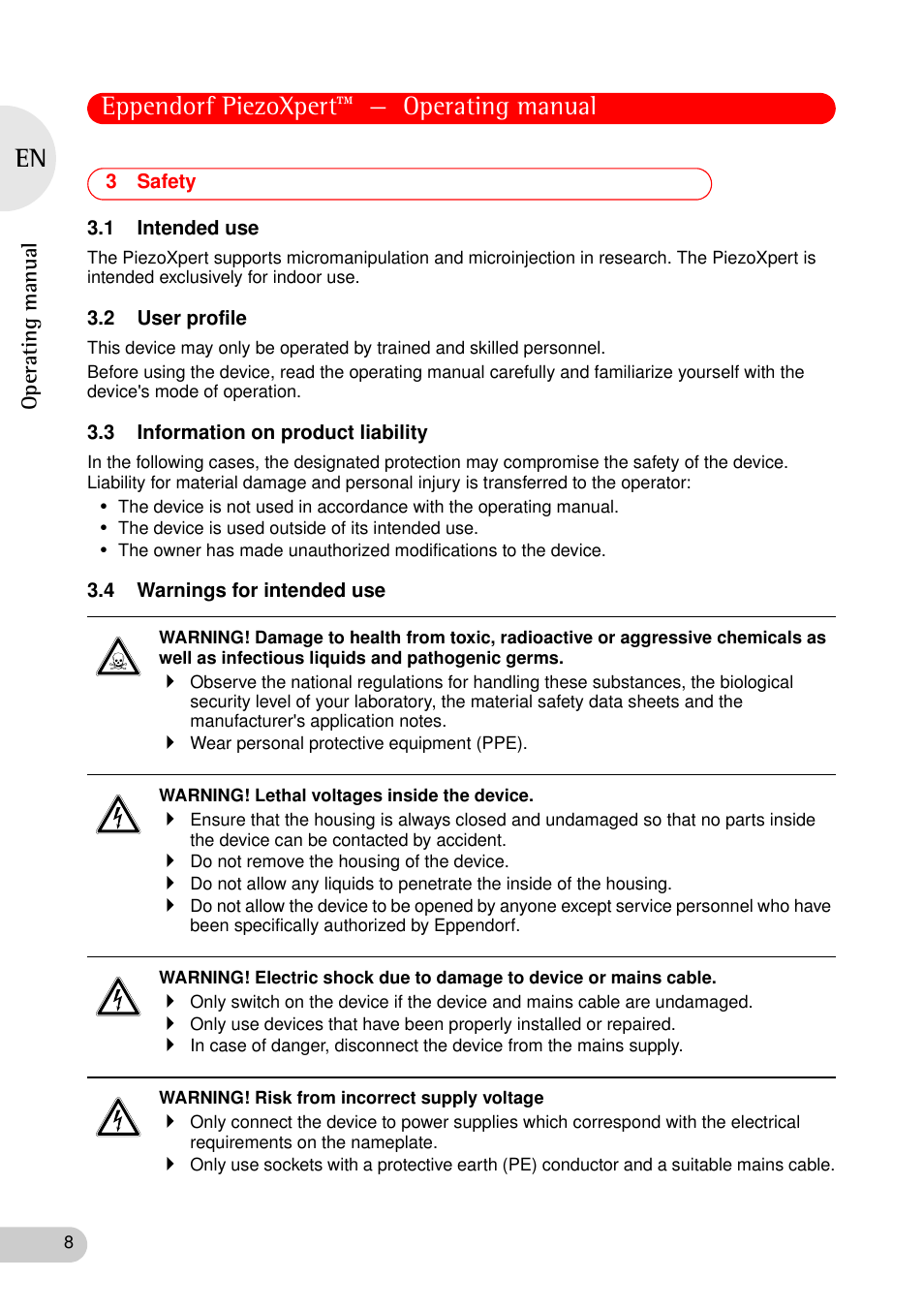 3 safety, 1 intended use, 2 user profile | 3 information on product liability, 4 warnings for intended use, Eppendorf piezoxpert™ — operating manual, Operating manual | Eppendorf PiezoXpert User Manual | Page 8 / 34