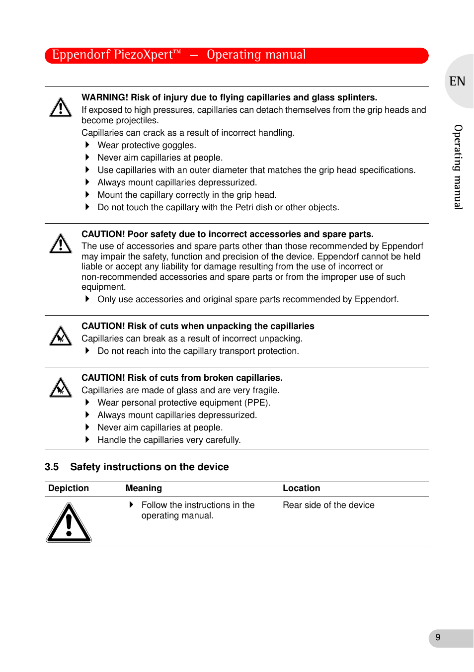 5 safety instructions on the device, Eppendorf piezoxpert™ — operating manual | Eppendorf PiezoXpert User Manual | Page 9 / 34