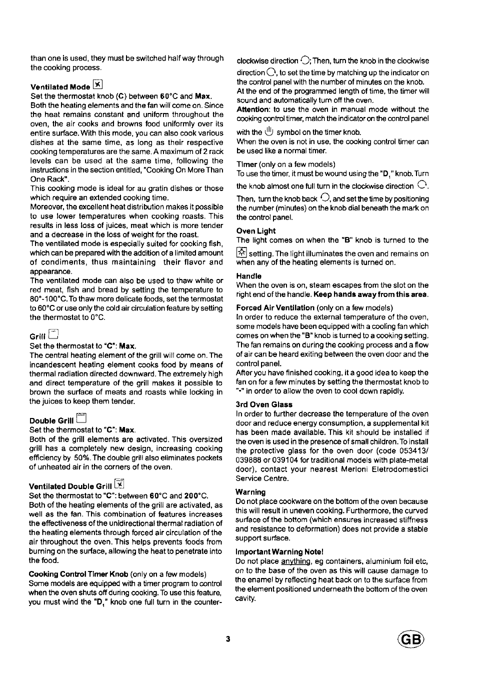 Ventilated mode, Grill, Double grill о | Ventilated double grill q, Oven light, Handle, 3rd oven glass, Warning, Important warning note | Ariston fm81r ix aus User Manual | Page 3 / 10