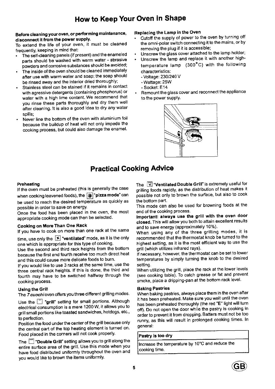 How to keep your oven in shape, Replacing the lamp in the oven, Practical cooking advice | Preheating | Ariston fm81r ix aus User Manual | Page 5 / 10